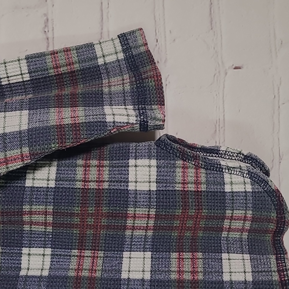Vintage 80s Waffle Knit Blue Red Plaid Flannel Button Front Shirt Womens Small - Picture 9 of 16
